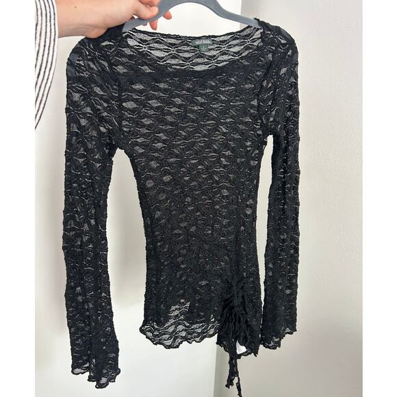 wild fable Tops - Sheer Black Lace Asymmetrical Hem Long Sleeve Top